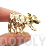 3D Piglet Shaped Animal Front & Back Two Part Earrings in Shiny Gold