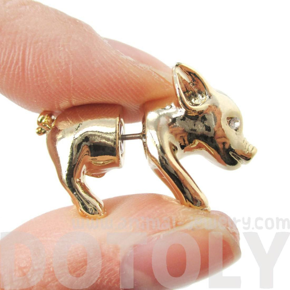 3D Piglet Shaped Animal Front & Back Two Part Earrings in Shiny Gold