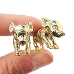 3D Piglet Shaped Animal Front & Back Two Part Earrings in Shiny Gold