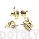 3D Piglet Shaped Animal Front & Back Two Part Earrings in Shiny Gold