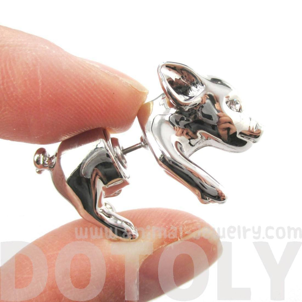 3D Piglet Shaped Animal Front & Back Two Part Earrings in Shiny Silver