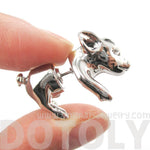 3D Piglet Shaped Animal Front & Back Two Part Earrings in Shiny Silver