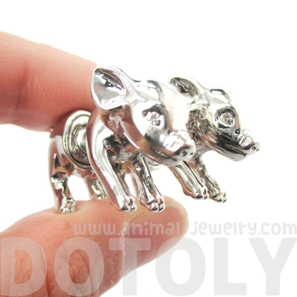 3D Piglet Shaped Animal Front & Back Two Part Earrings in Shiny Silver