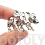 3D Piglet Shaped Animal Front & Back Two Part Earrings in Shiny Silver