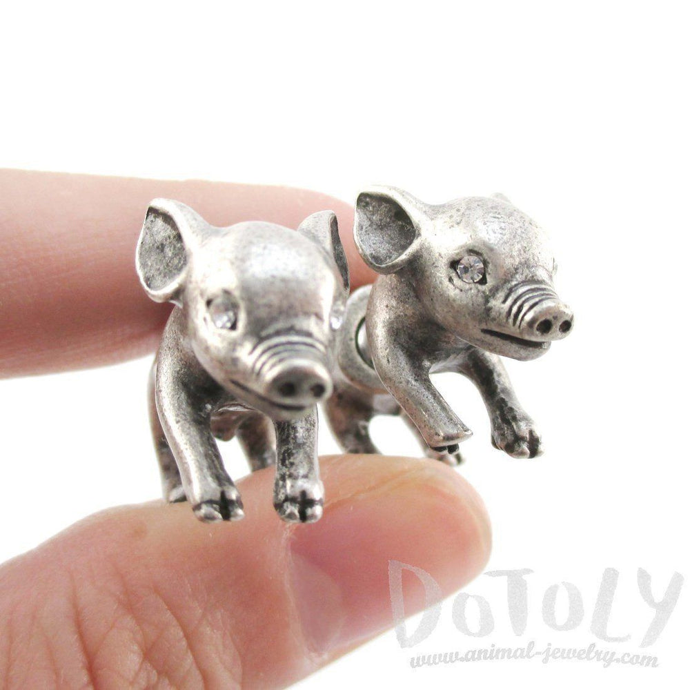 3D Piglet Pig Shaped Front and Back Earrings in Silver