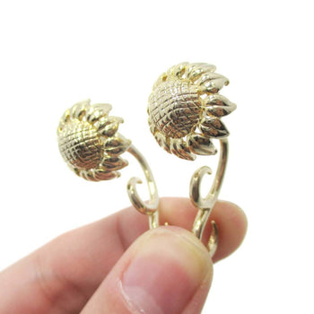 3D Sunflower Floral Flower Shaped Earrings in Gold