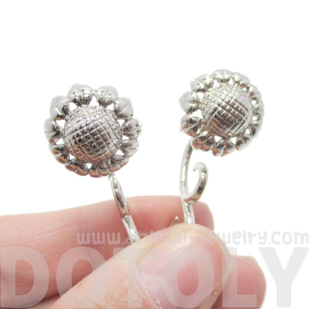 3D Sunflower Floral Flower Shaped Earrings in Silver