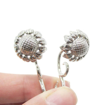 3D Sunflower Floral Flower Shaped Earrings in Silver