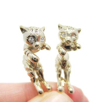 Kitty Cat Shaped Front and Back Stud Earrings in Gold