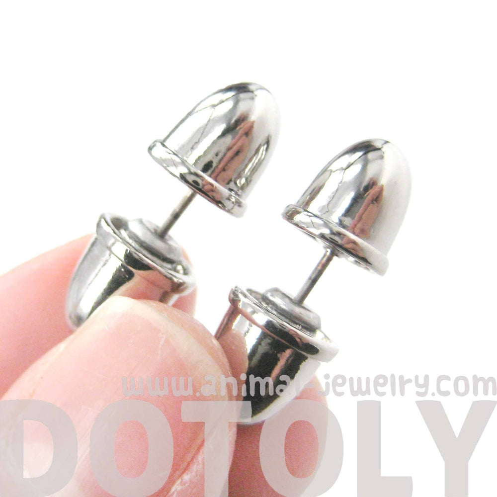 Bullet Shaped Faux Plug Taper Stud Fake Gauge Earrings in Shiny Silver