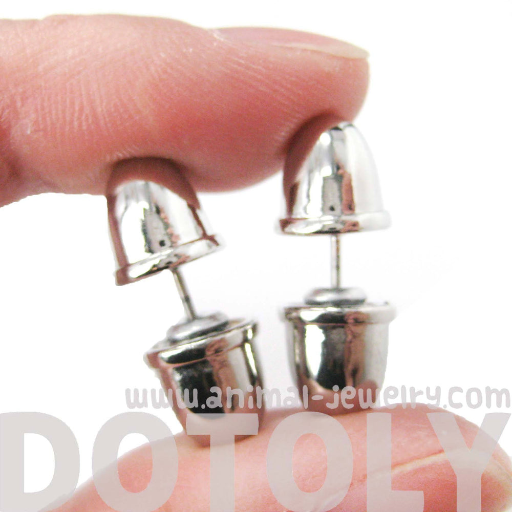 Bullet Shaped Faux Plug Taper Stud Fake Gauge Earrings in Shiny Silver