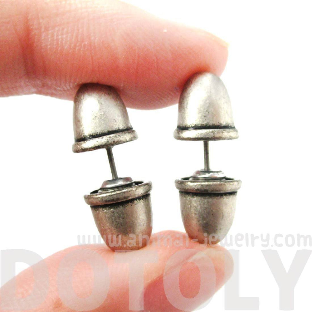 Fake Gauge Earrings: Bullet Shaped Faux Plug Stud Earrings in Silver