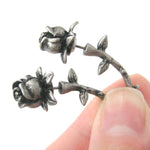 Detailed Rose Floral Flower Shaped Plug Fake Gauge Earrings in Silver
