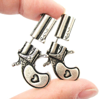 Double Pistol Gun Shaped Faux Plug Fake Gauge Stud Earrings in Silver