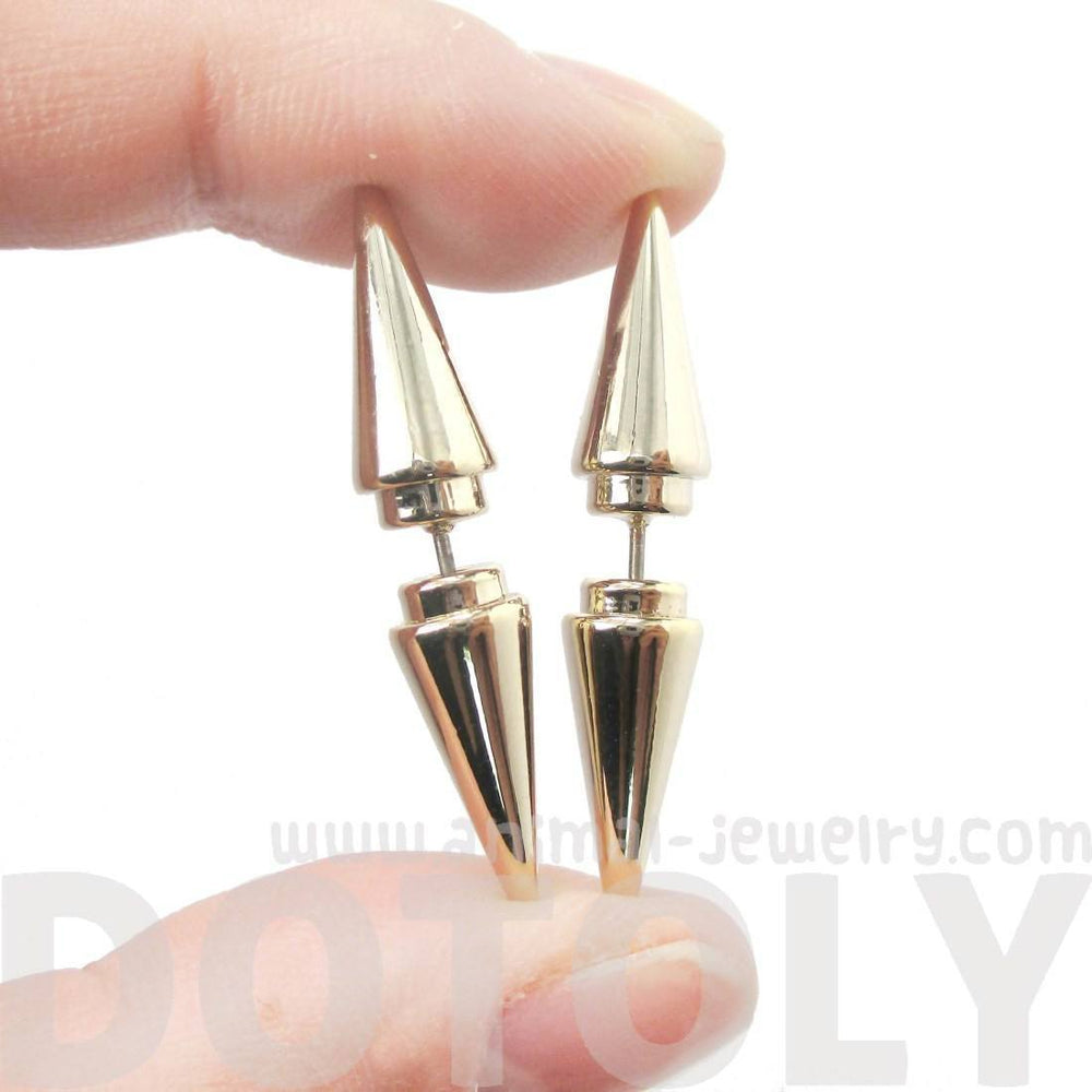 Unisex Geometric Spike Shaped Front and Back Earrings in Shiny Gold