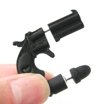 Gun Pistol and Bullet Shaped Faux Plug Fake Gauge Earrings in Black