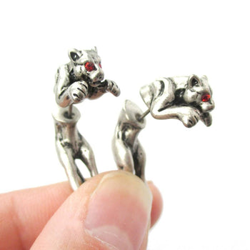 Jaguar Leopard Wild Cat Shaped Front and Back Stud Earrings in Silver