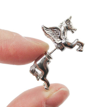 Fake Gauge Earrings: Mythical Unicorn Animal Front and Back Stud Earrings in Shiny Silver | DOTOLY