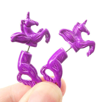 Fake Gauge Earrings: Mythical Unicorn Horse Animal Faux Plug Stud Earrings in Purple | DOTOLY
