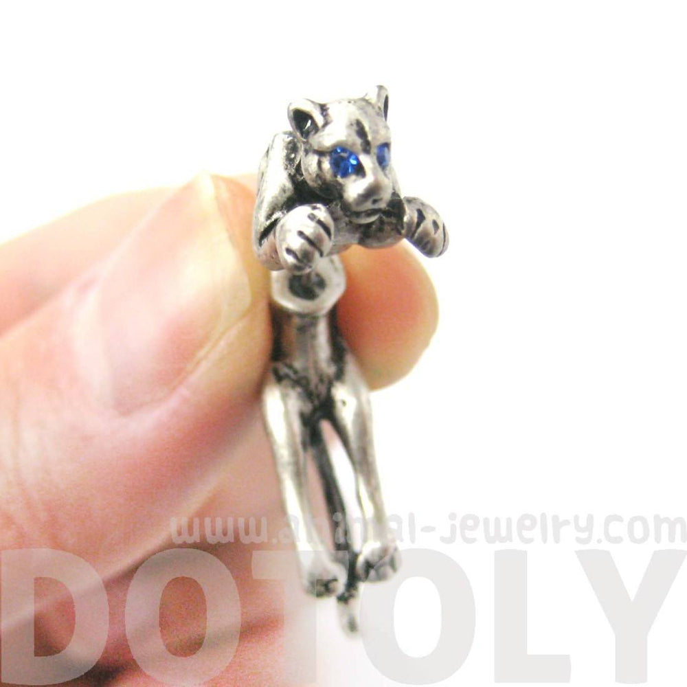 Fake Gauge Earrings: Pouncing Tiger Leopard Safari Wild Cat Shaped Plug Earrings in Silver | DOTOLY