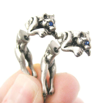 Fake Gauge Earrings: Pouncing Tiger Leopard Safari Wild Cat Shaped Plug Earrings in Silver | DOTOLY