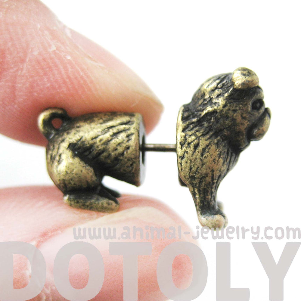 Fake Gauge Earrings: Realistic Bulldog Puppy Dog Animal Stud Earrings in Brass | DOTOLY