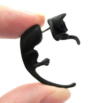 Fake Gauge Earrings: Realistic Kitty Cat Pet Animal Shaped Plug Stud Earrings in Black | DOTOLY