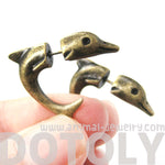 Fake Gauge Earrings: Small Dolphin Sea Animal Shaped Plug Stud Earrings in Brass | DOTOLY