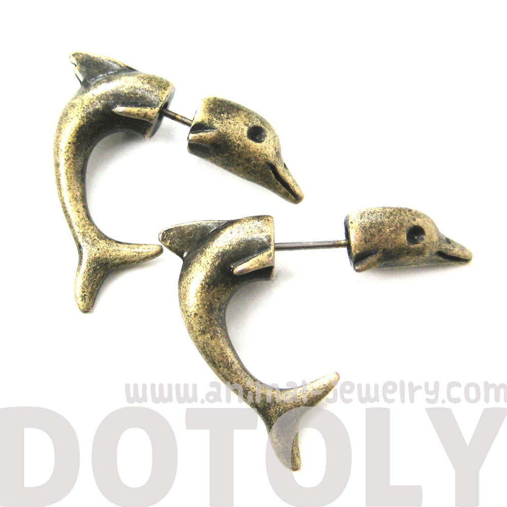 Fake Gauge Earrings: Small Dolphin Sea Animal Shaped Plug Stud Earrings in Brass | DOTOLY