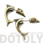 Fake Gauge Earrings: Small Dolphin Sea Animal Shaped Plug Stud Earrings in Brass | DOTOLY