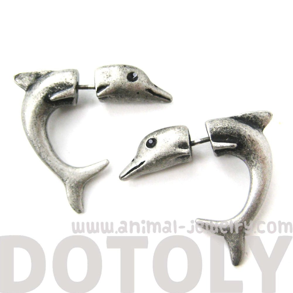 Fake Gauge Earrings: Small Dolphin Sea Animal Shaped Plug Stud Earrings in Silver | DOTOLY