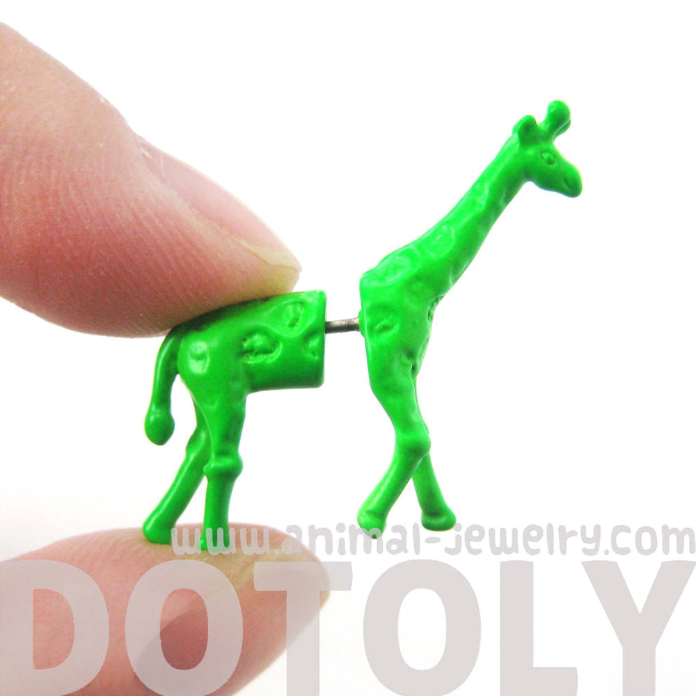 Fake Gauge Earrings: Unique Giraffe Shaped Animal Faux Plug Stud Earrings in Green | DOTOLY