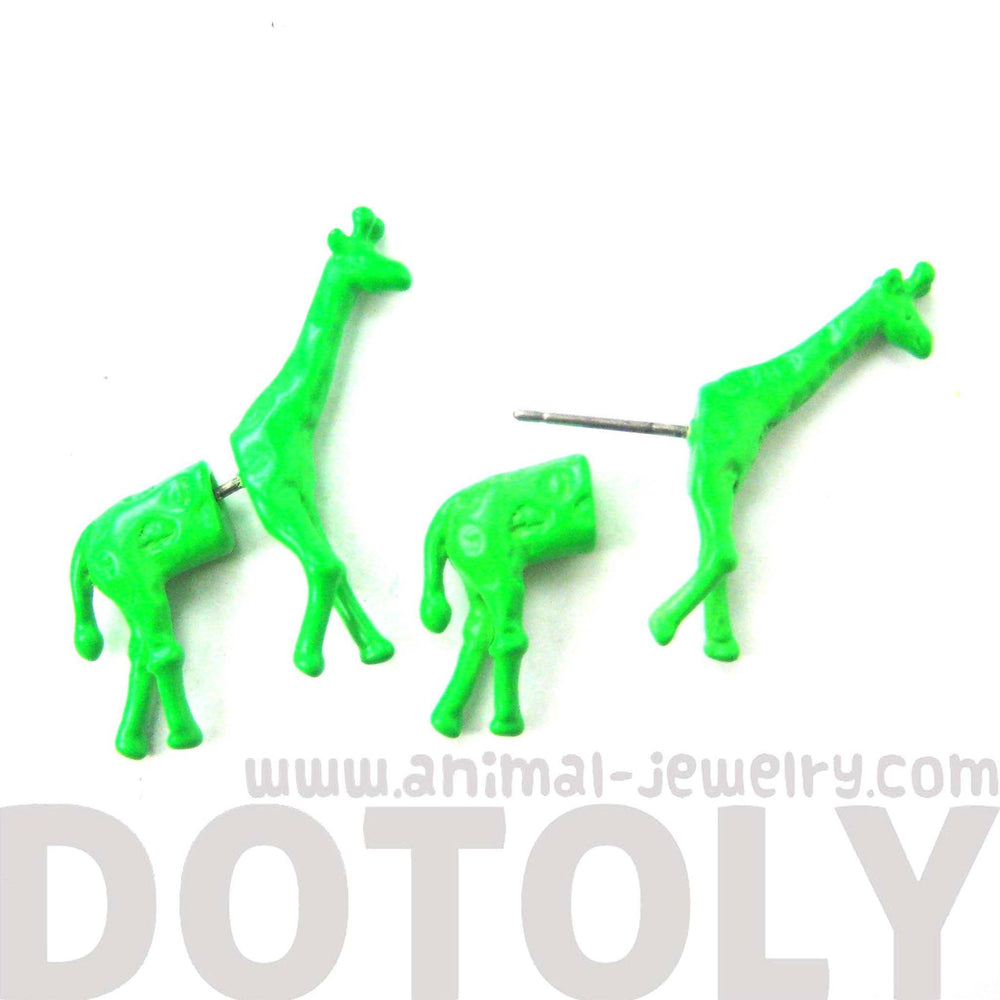 Fake Gauge Earrings: Unique Giraffe Shaped Animal Faux Plug Stud Earrings in Green | DOTOLY