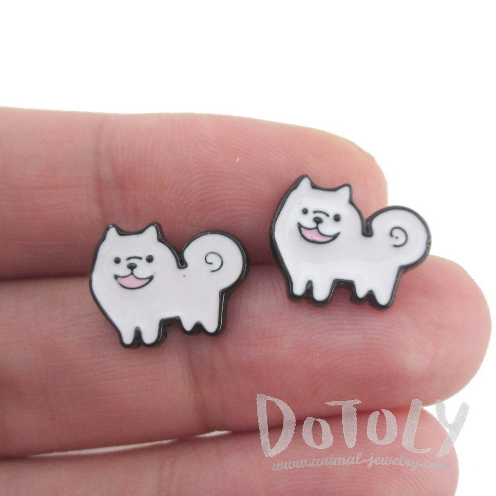Fluffy Samoyed Puppy Shaped Enamel Stud Earrings for Dog Lovers