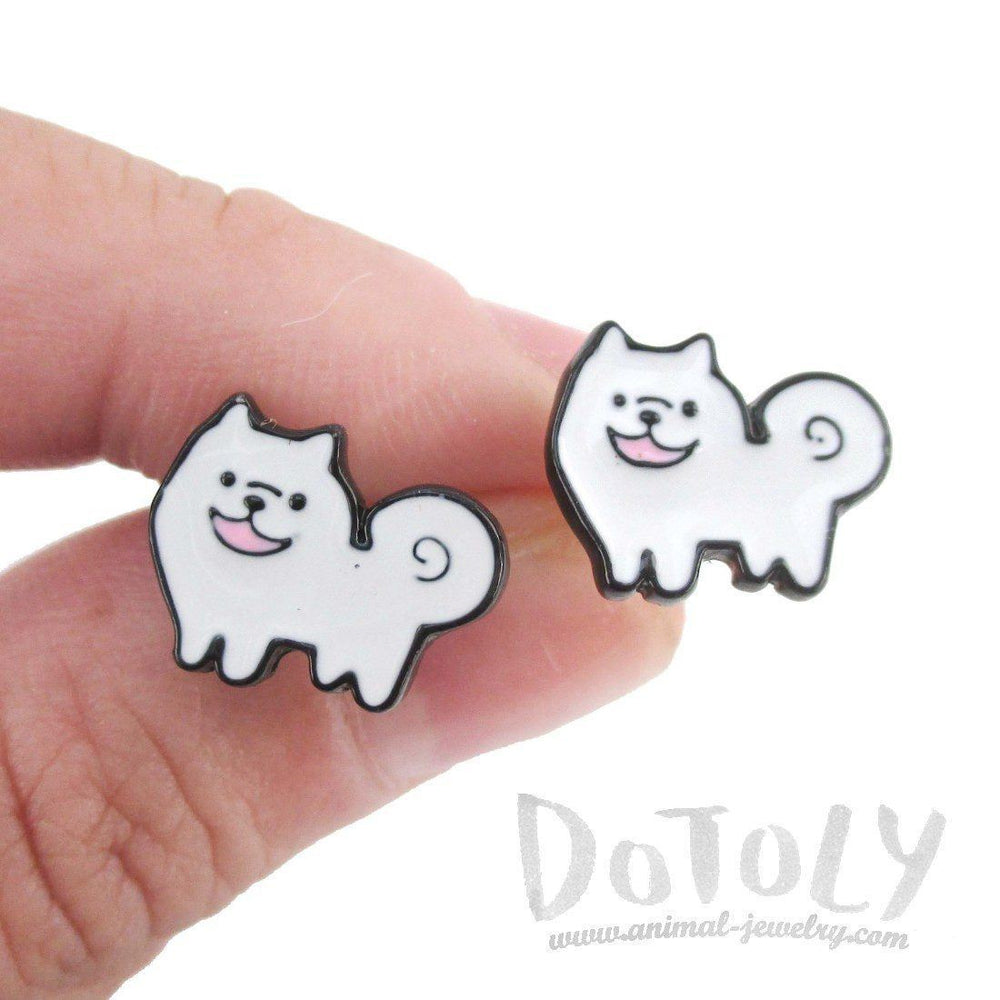 Fluffy Samoyed Puppy Shaped Enamel Stud Earrings for Dog Lovers