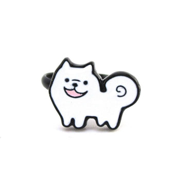 Fluffy White Samoyed Shaped Enamel Adjustable Ring for Dog Lovers