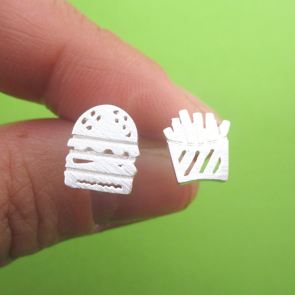 Food Themed Burger and French Fries Shaped Sterling Silver Stud Earrings