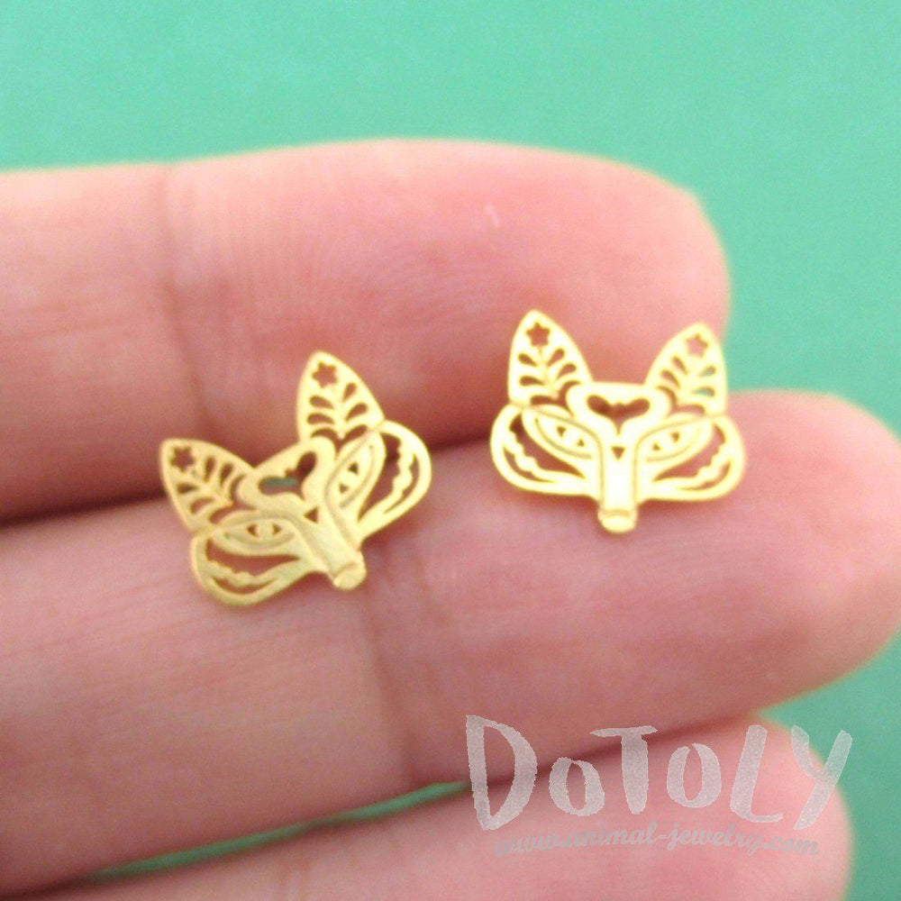 Fox Face Shaped Tribal Floral Cut Out Stud Earrings in Gold | DOTOLY