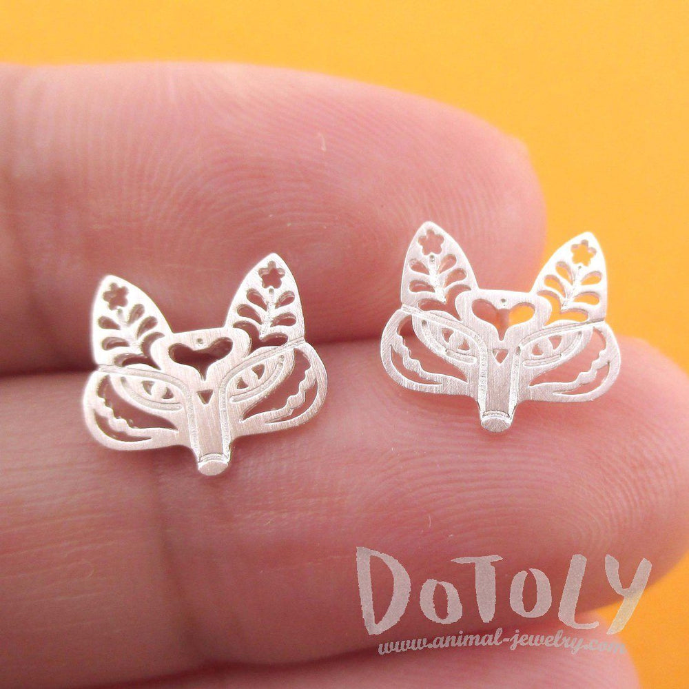 Fox Face Shaped Tribal Floral Cut Out Stud Earrings in Silver | DOTOLY