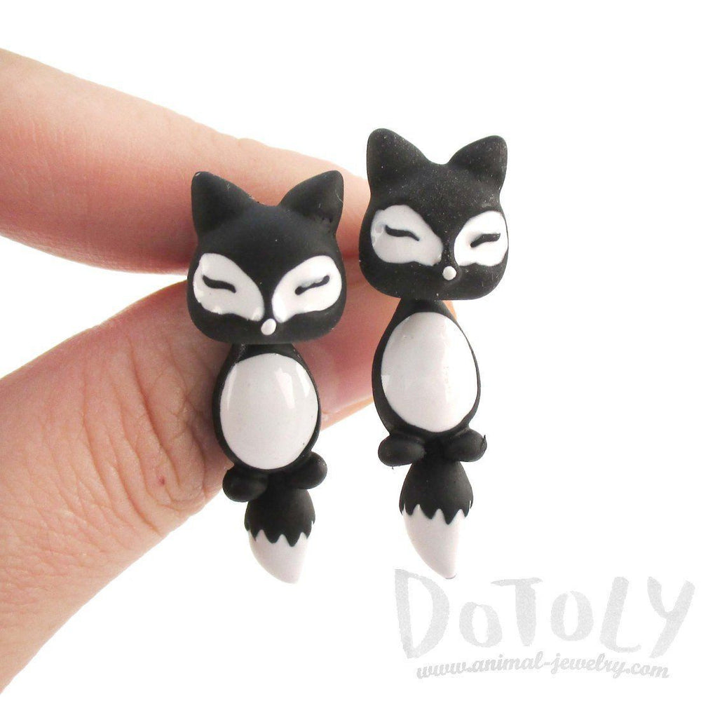 Fox Shaped Two Part Front and Back Stud Earrings in Black and White | DOTOLY