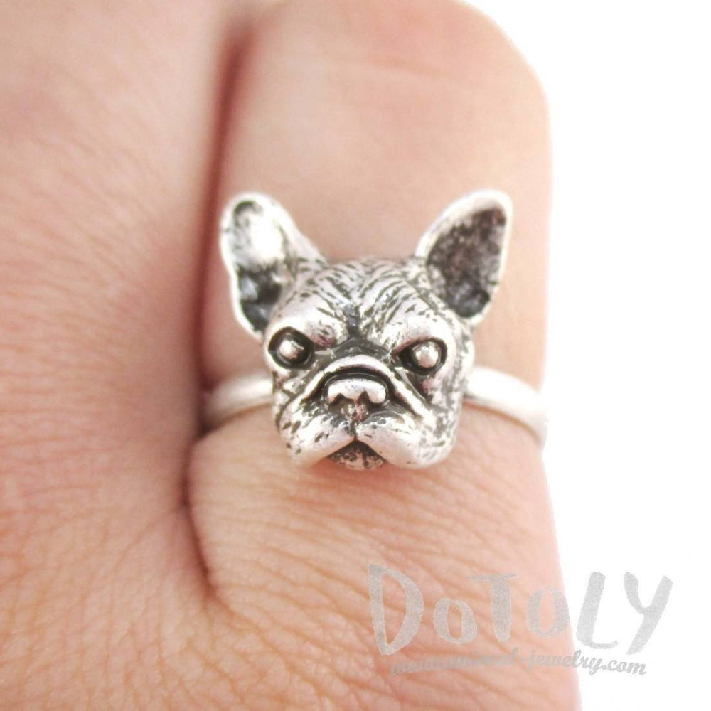 French Bulldog Face Shaped Frenchie Adjustable Ring | Animal Jewelry