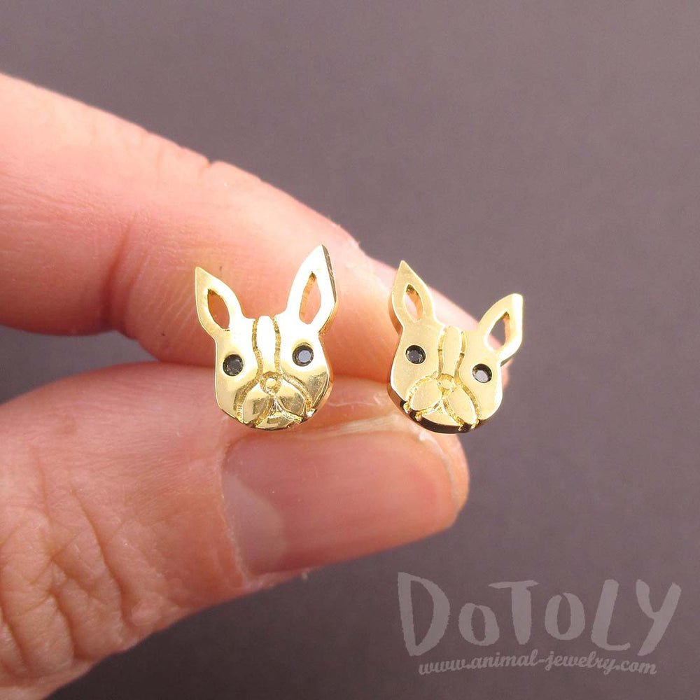 French Bulldog Frenchie Face Shaped Stud Earrings in Gold | DOTOLY