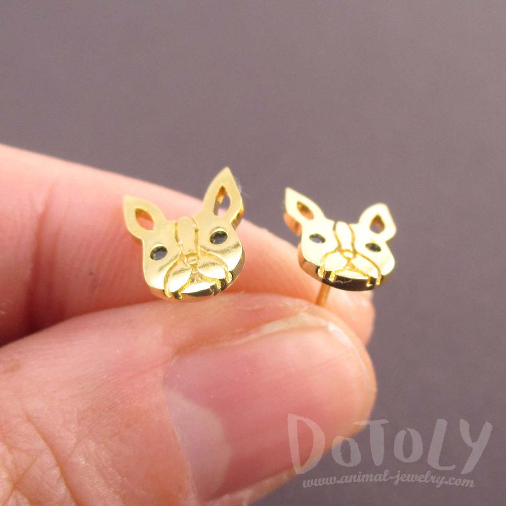 French Bulldog Frenchie Face Shaped Stud Earrings in Gold | DOTOLY