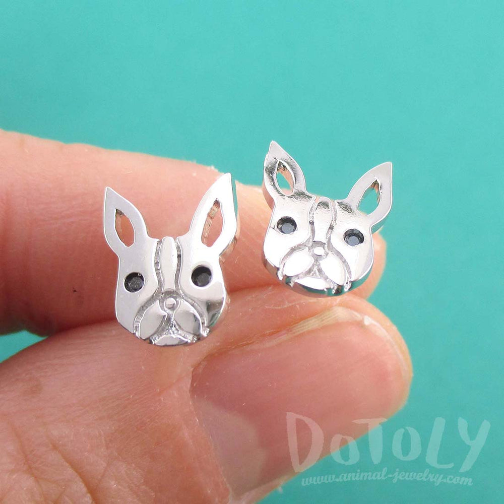French Bulldog Frenchie Face Shaped Stud Earrings in Silver | DOTOLY