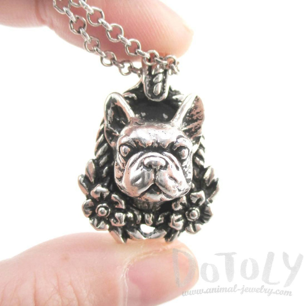 French Bulldog Head Floral Wreath Shaped Necklace in Silver | Gifts for Dog Lovers | DOTOLY