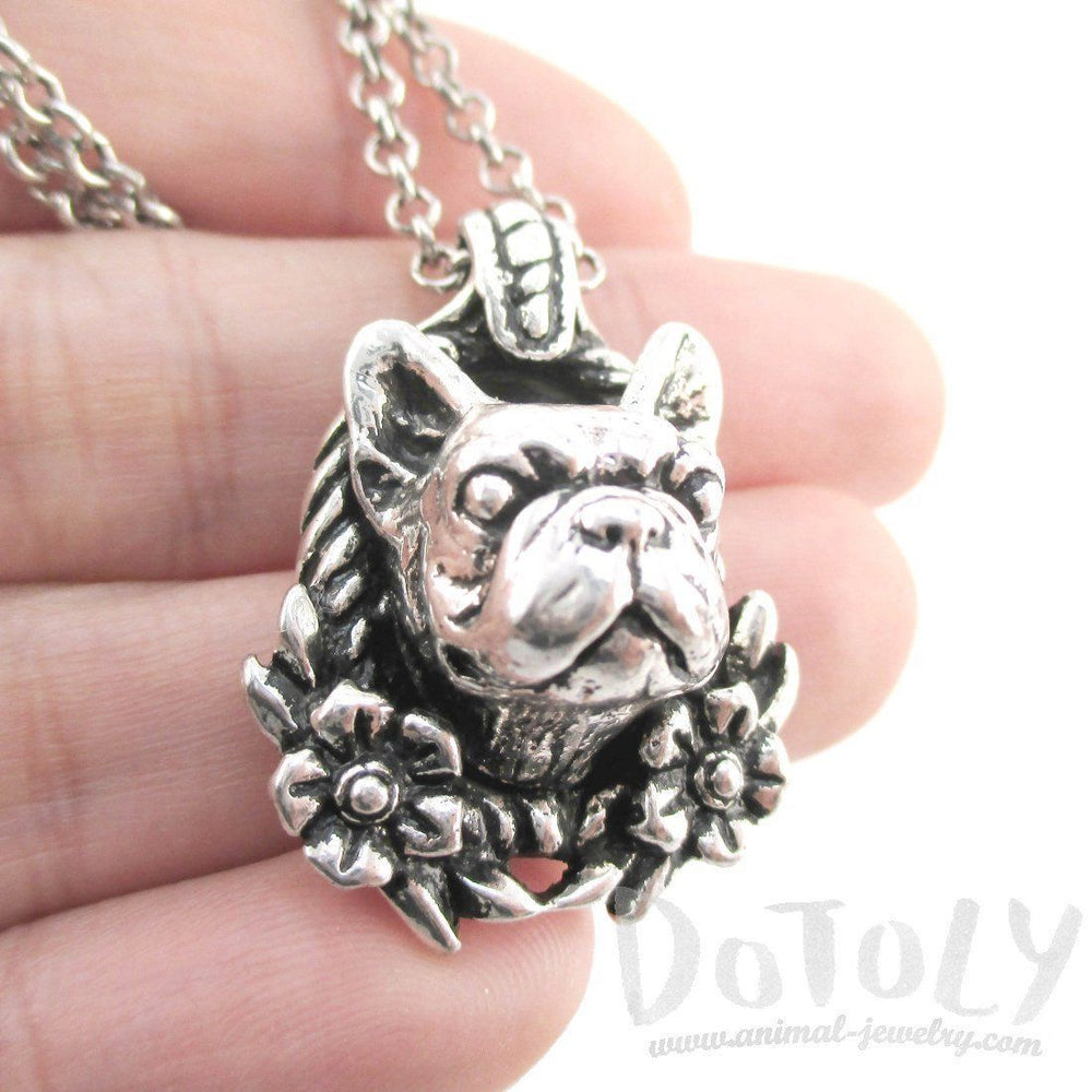 French Bulldog Head Floral Wreath Shaped Necklace in Silver | Gifts for Dog Lovers | DOTOLY