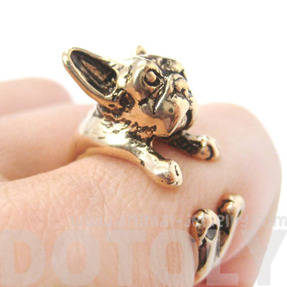 French Bulldog Puppy Dog Animal Wrap Around Ring in Shiny Gold | Sizes 4 to 9 | DOTOLY