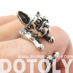 French Bulldog Puppy Dog Animal Wrap Around Ring in Shiny Silver - Sizes 4 to 9 | DOTOLY