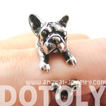 French Bulldog Puppy Dog Animal Wrap Around Ring in Shiny Silver - Sizes 4 to 9 | DOTOLY