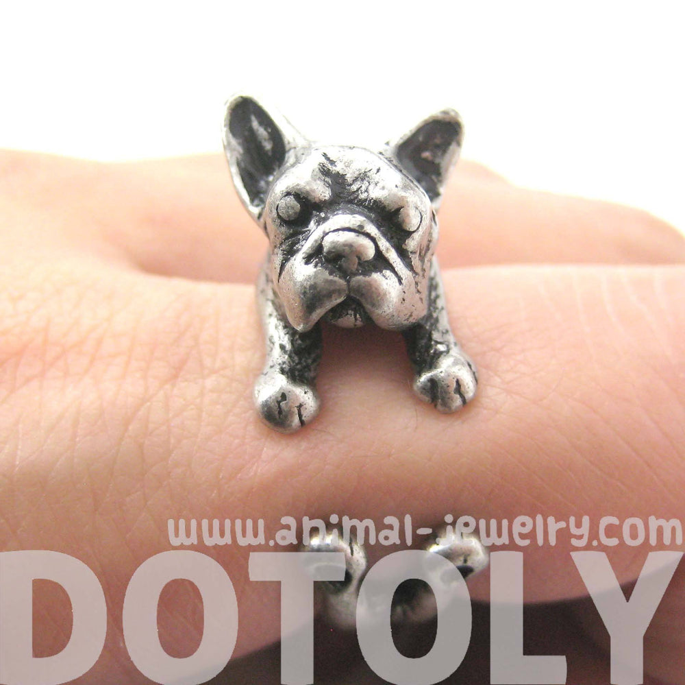 French Bulldog Puppy Dog Animal Wrapped Around Ring in Silver | Sizes 4 to 9 | DOTOLY